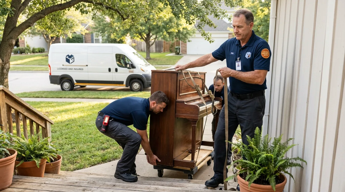 Licensed piano movers securing grand piano in Mediapolis, IA