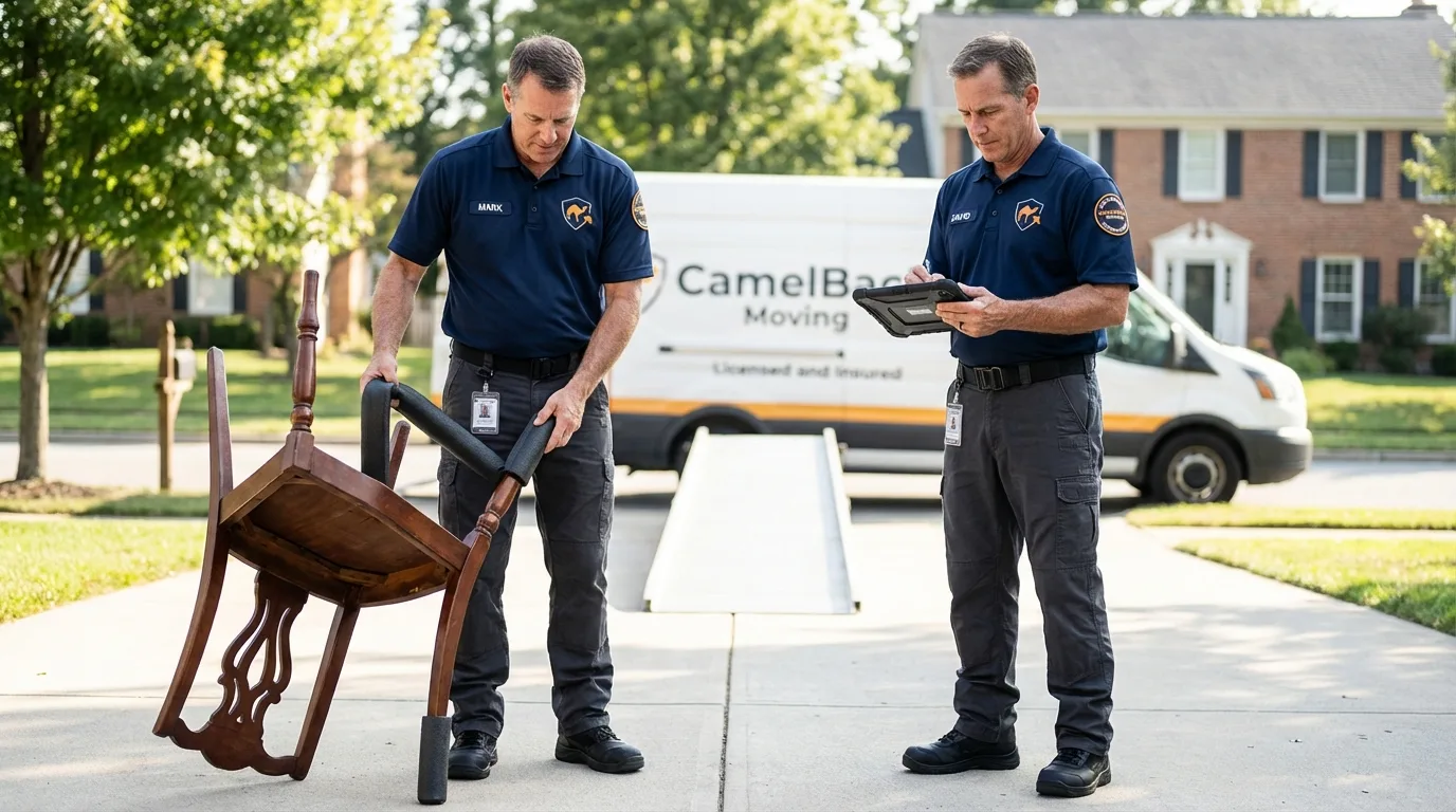 Movers inspecting furniture for damage prevention before loading in Mediapolis, IA