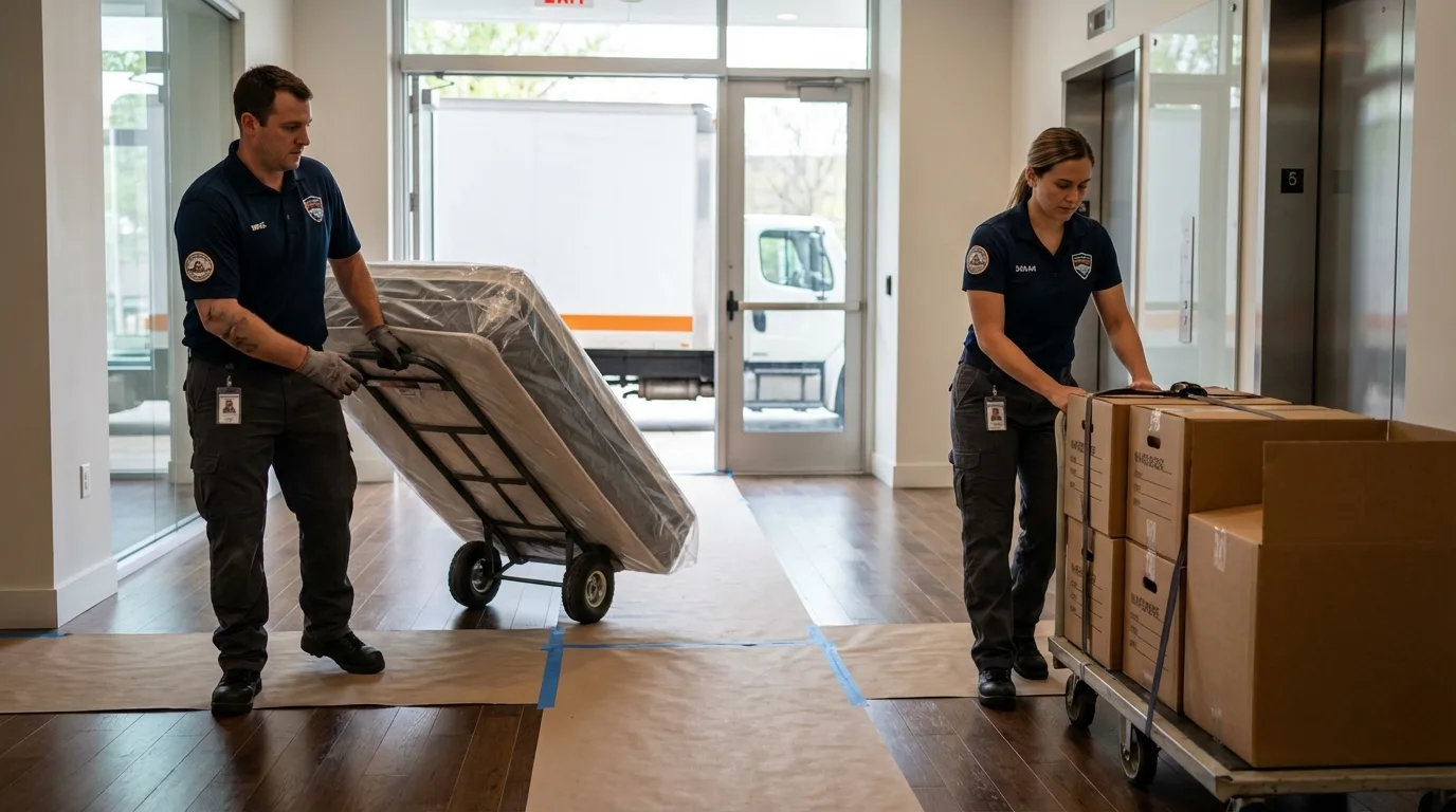 Professional apartment movers loading elevator in Mediapolis, IA