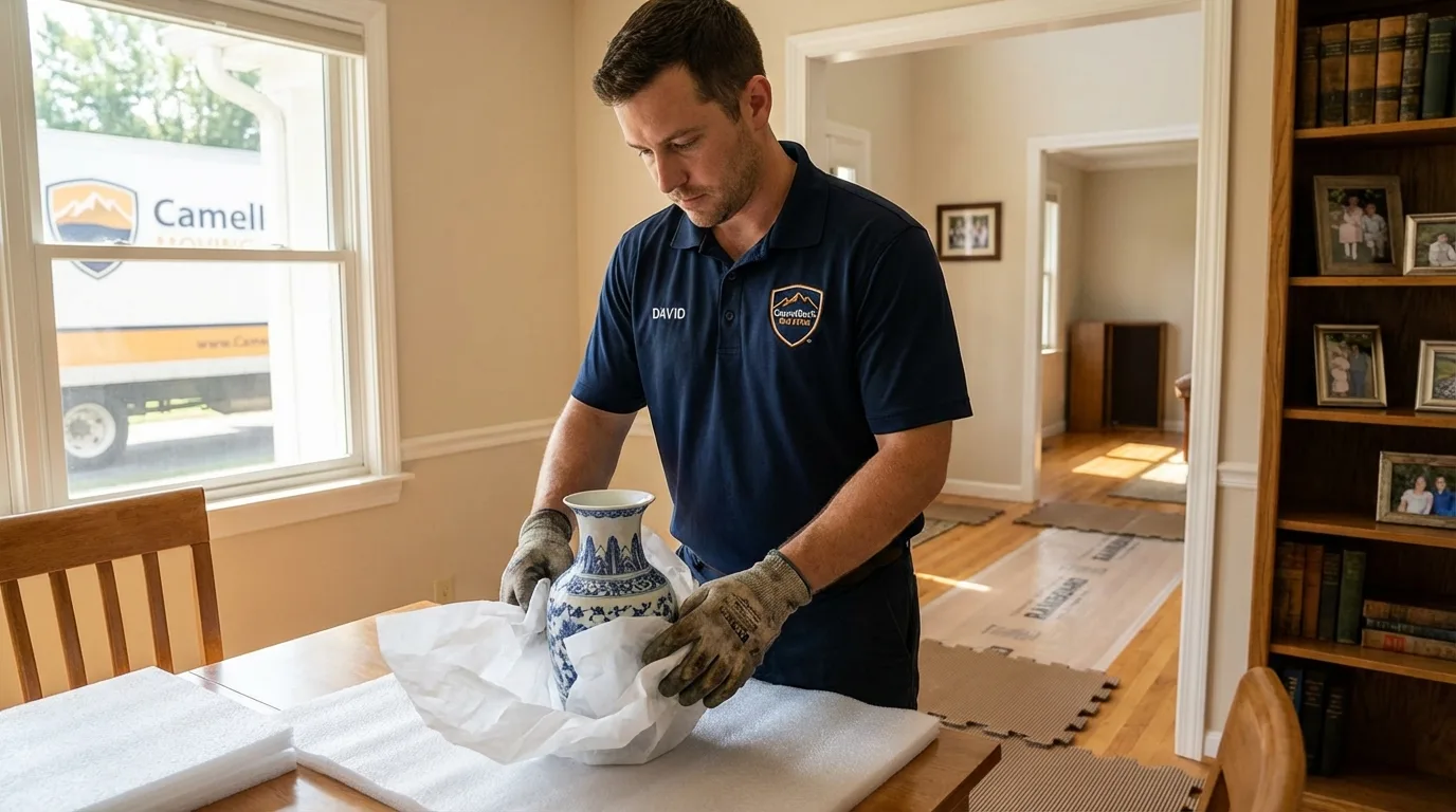 Professional crew carefully wrapping antique vase for senior downsizing move in Mediapolis, IA