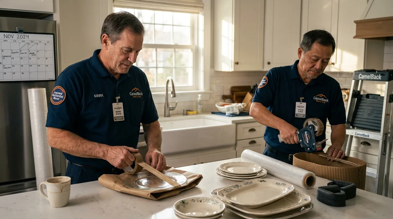 Professional crew packing kitchen dishware in Mediapolis, IA